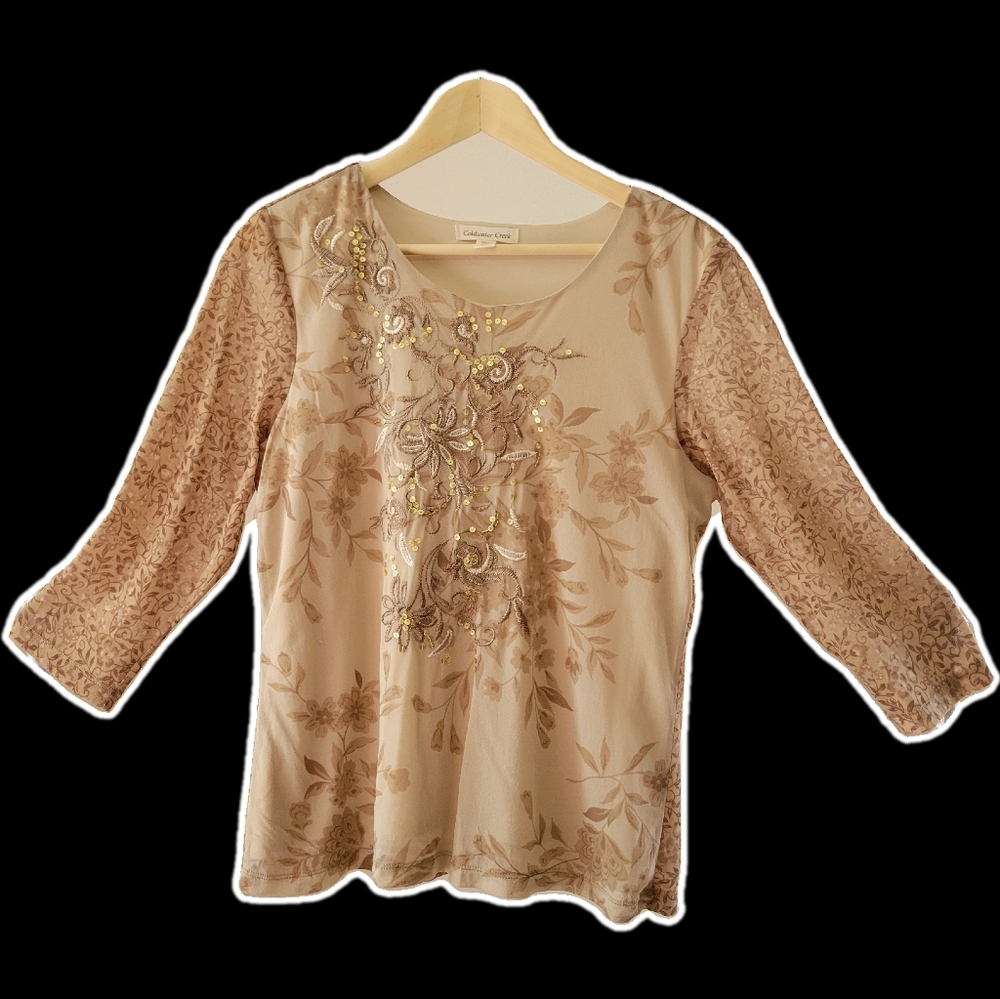 Womens Coldwater Creek L 3/4 sleeve Tan Brown Gold sequins Shell top